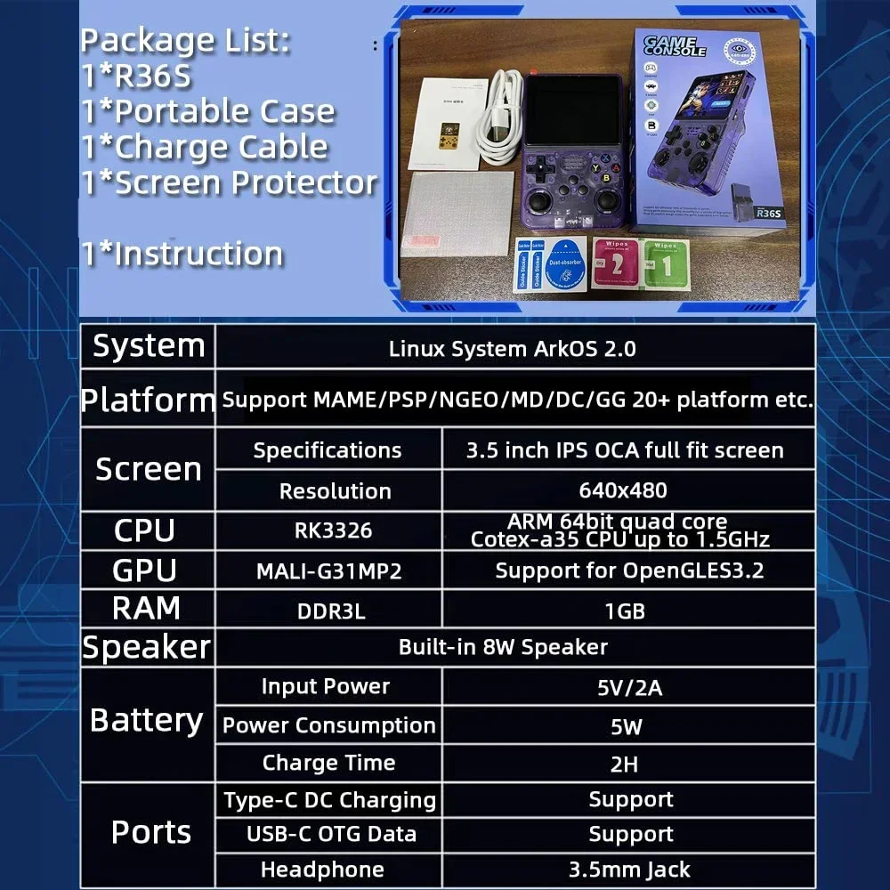 R36S Ретро игровая консоль Портативная система Arkos 2.0 3,5-дюймовый портативный карманный видеоплеер с одной картой 64 ГБ 128 ГБ 20000 игр