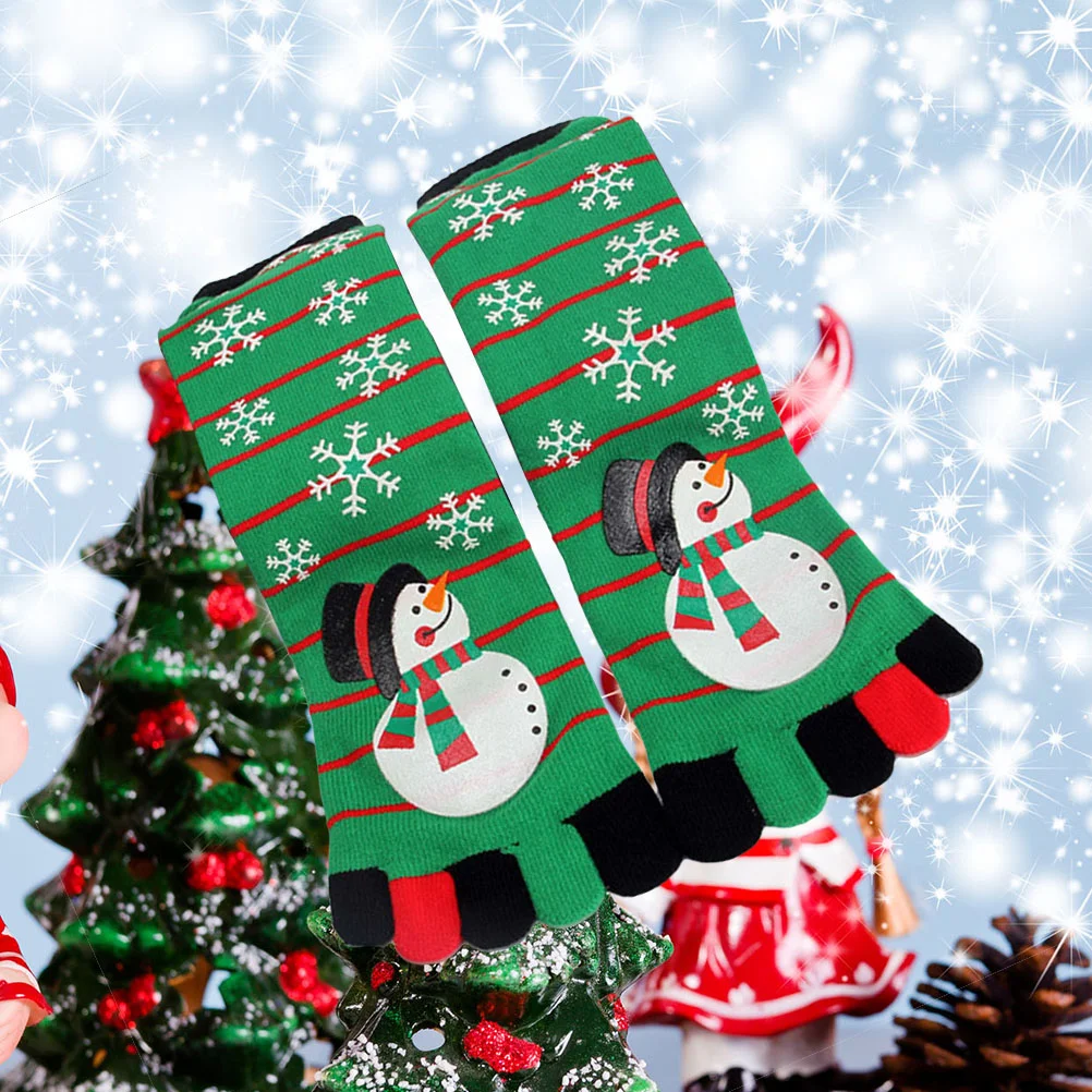 

1 Pair Christmas Toe Socks Xmas Socks Five Fingers Long Socks Snowman Printing Socks (Green) - Free Size