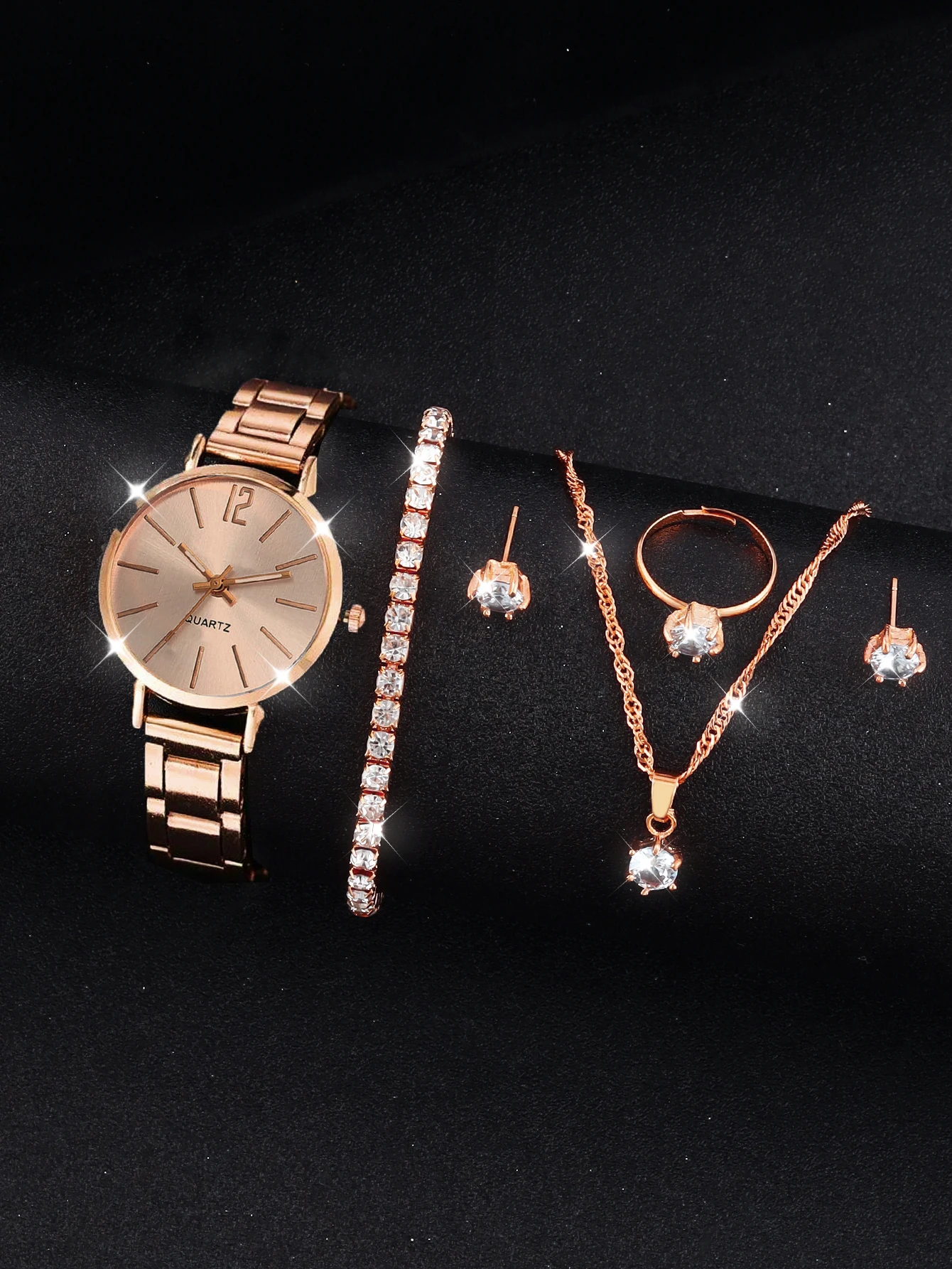 6PCS stylish compact alloy Rose Gold women's graduated quartz watch with diamond bracelet Necklace Earrings Ring jewelry set