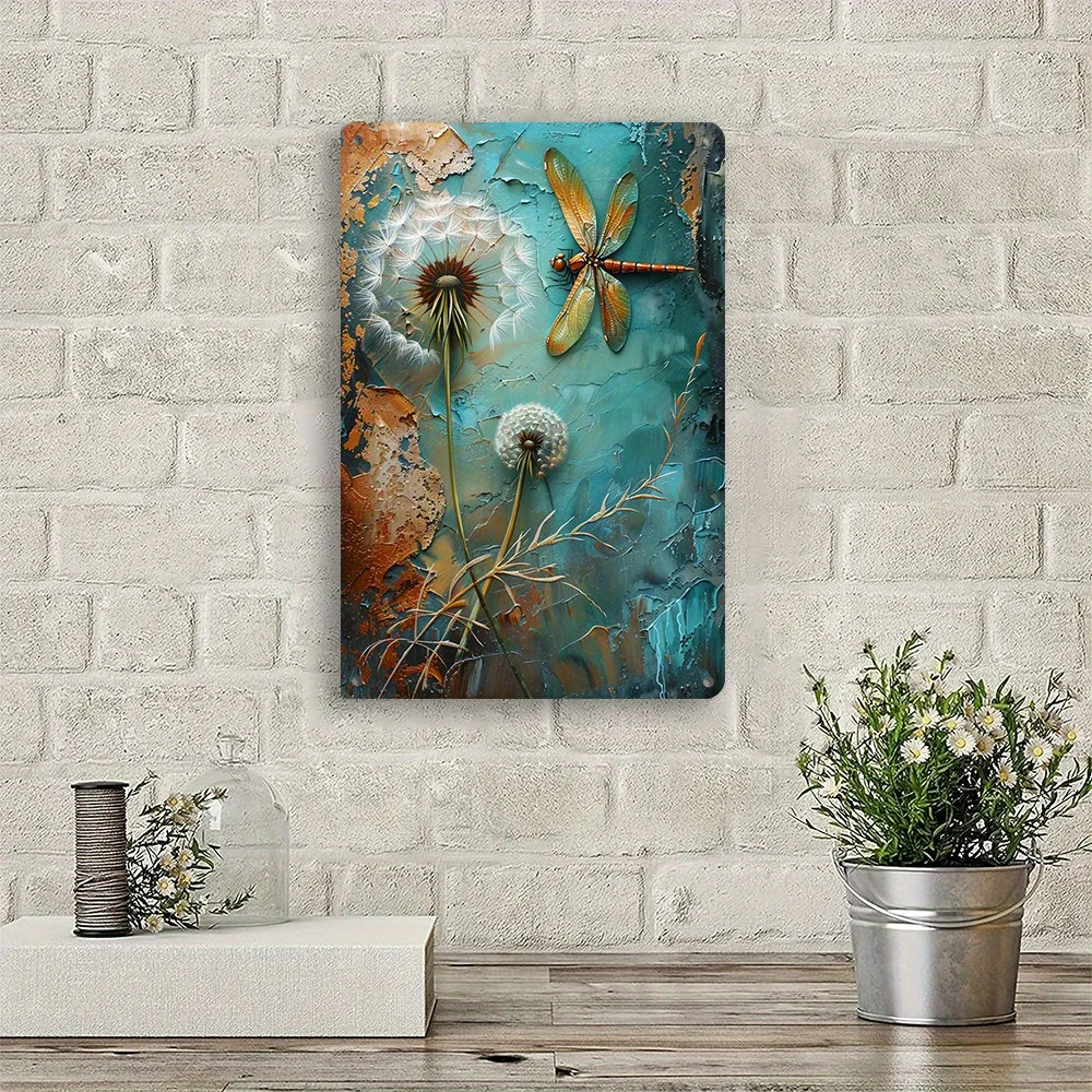 Dandelion Dragonfly Vintage โลหะแผ่นเหล็กเหล็ก Wall Art ตกแต่งเหมาะสําหรับตกแต่งกลางแจ้งในร่มขนาด 8x12 นิ้ว