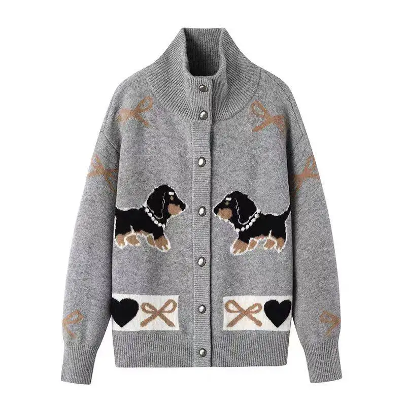 High-end Customized Cartoon Puppy Jacquard Knit Cardigan Women's Loose Crewneck Long Sleeve Grey Sweater Jacket