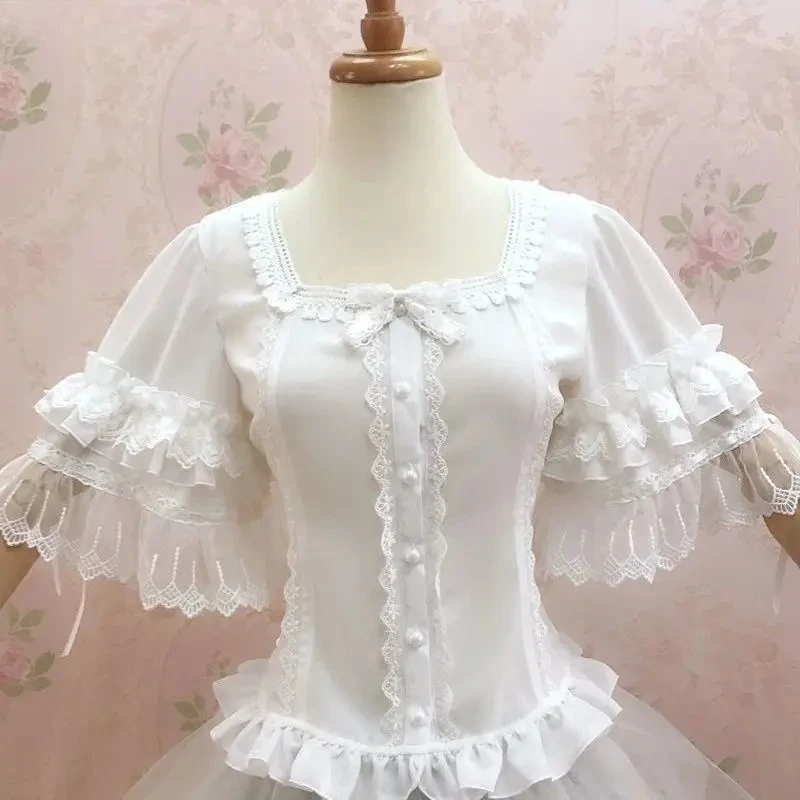 Elegant Y2K Vintage Lolita Style Blouses Women Square Neck Lace Half Flare Sleeve Shirt Female Sweet Fashion Button Tops New view 2