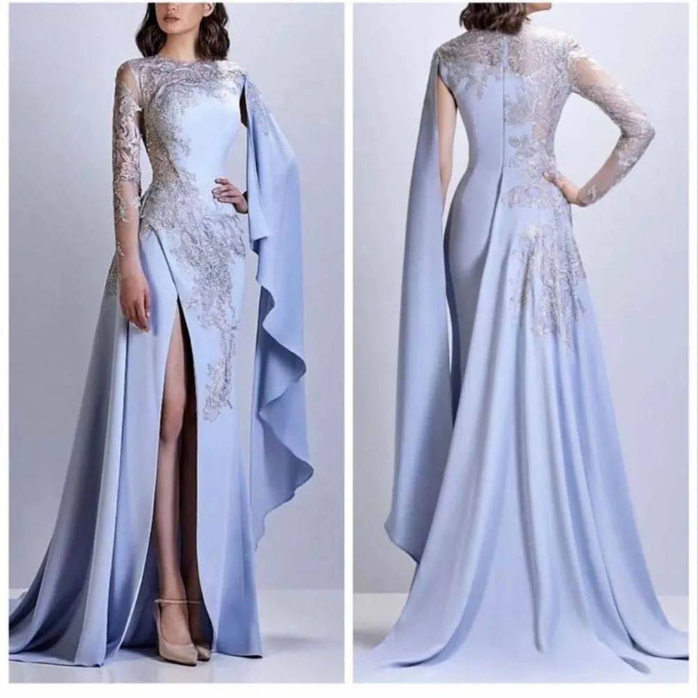 

Exquisite Blue Evening Party Dresses Full Sleeves Floor Length High Side Split Appliques Illusion Women Prom Banquet Gowns