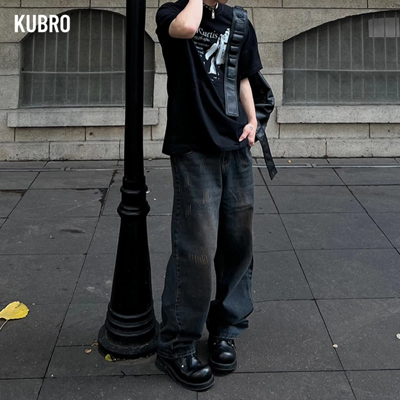 KUBRO Trend Brand High Quality Street Youth Retro Y2K Jeans 2024 Summer Fashion Men's Casual Small Straight Denim Trousers Male