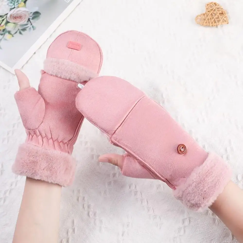 Thick Velvet Flip Cover Suede Gloves Outdoor Writing Student Fingerless Gloves Wool Lining Half Finger Gloves Fleece Lined