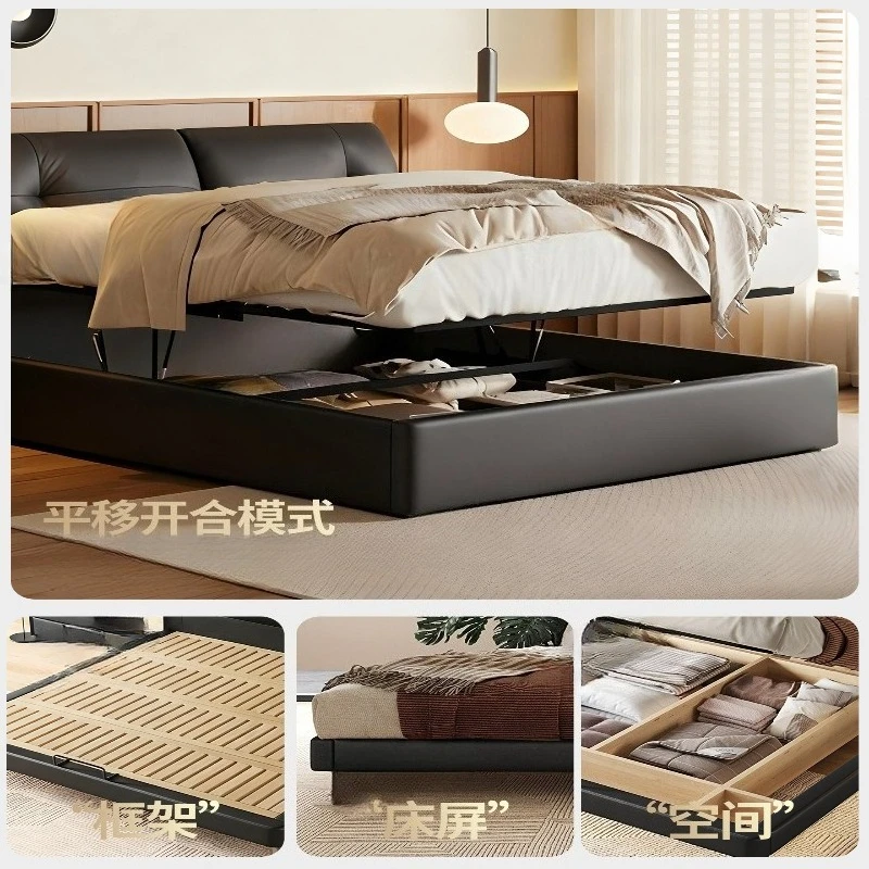 Master bedroom luxury wind bed wedding leather bed Italian minimalist bedroom first layer cowhide soft bag modern storage