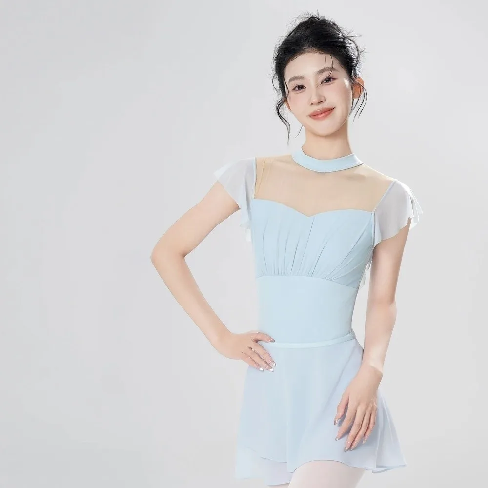 半袖ナイロンバレエドレスプリーツスリムダンスボディスーツメッシュ高弾性バレエレオタード大人用