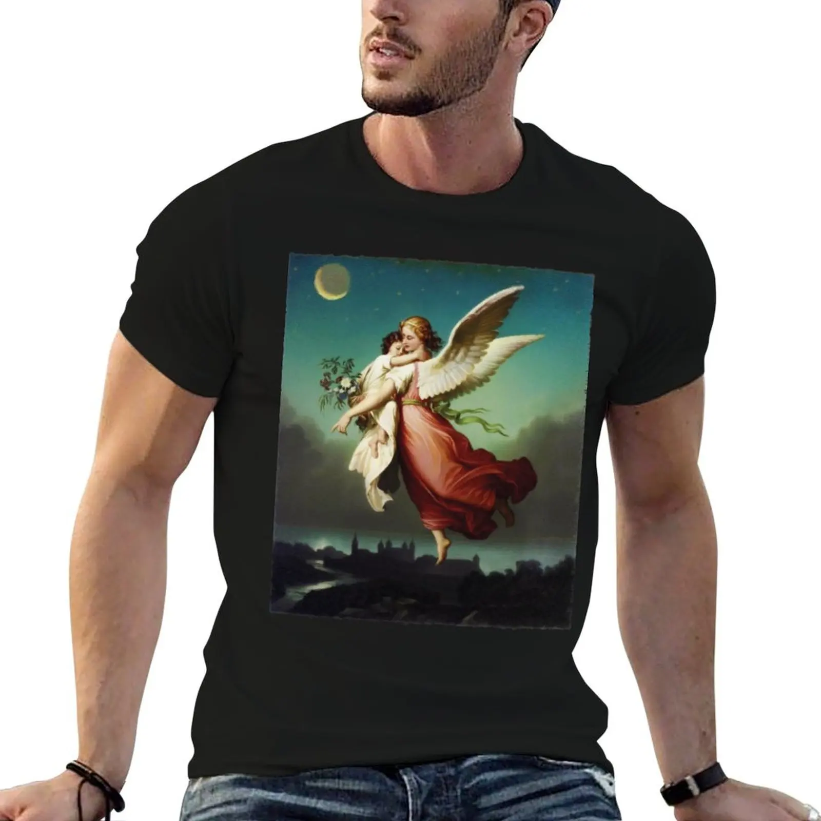 Guardian Angel by Wilhelm von Kaulbach T-Shirt Novelty Print Casual Tee Shirt