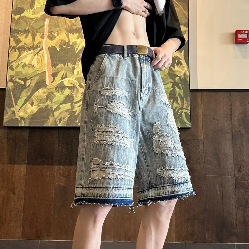 

Summer Style High Street Distressed Shorts Men'S-Hop Loose Light Blue Personality Straight Shorts