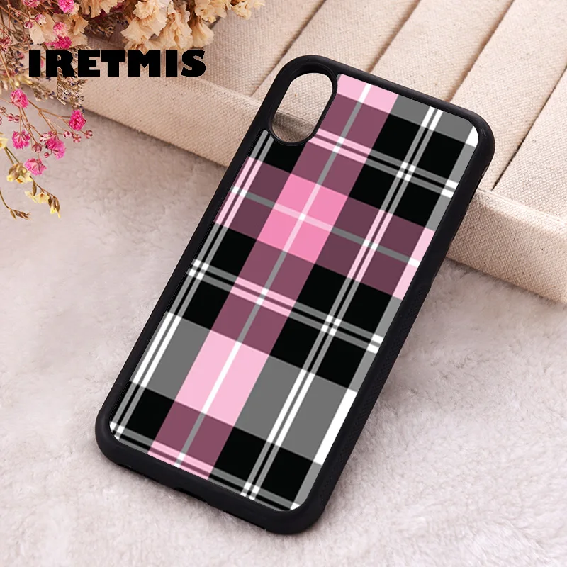 Iretmis 5 5S SE 2020 phone cover cases for iphone 6 6S 7 8 Plus X Xs Max XR 11 12 13 MINI 14 Pro Silicone Pink Plaid Pattern