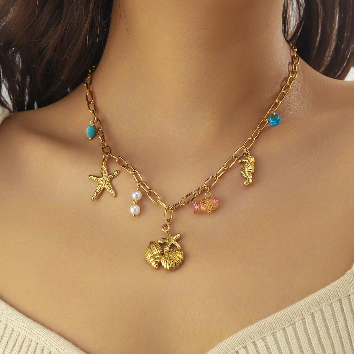 DIEYURO 316L Stainless Steel Sea Shell Starfish Conch Multiple Pendant Necklace For Women New Fashion Neck Chain Jewelry Gift