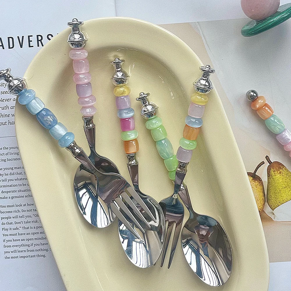 Cute Colorful Beading Stainless Steel Spoon Fork Vintage Dessert Spoon Western Food Coffee Salad Fork Creative Ice Cream Spoon view 6