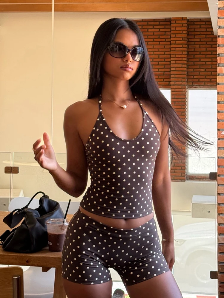AliExpress NIBBER Nibber Summer 2 Piece Set Women Polka Dot Print Trend Backless Halter Sleeveless Tank Top+Bike Short Street Fashion Clubwear