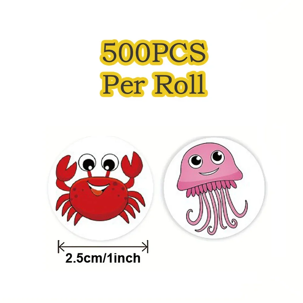 500Pcs/Roll Cartoon Marine Animals Reward Stickers 2.5cm/1.0in Perfect For Learning Games PC Notebook Pad Fridge Gift Seal Label