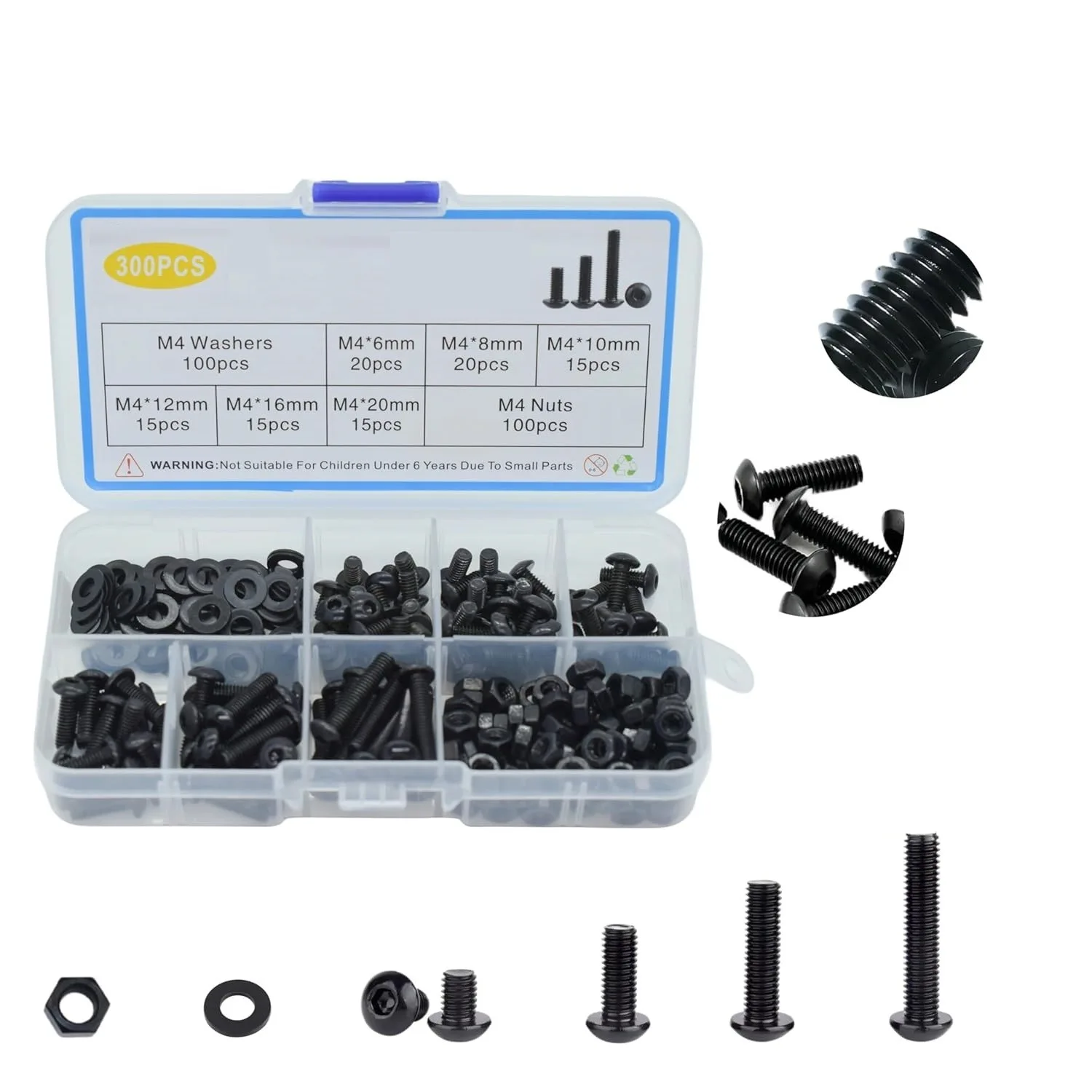 300Pcs M4 Metric Screw Assortment Button Head Socket Cap Bolt Nut Washer Black Grade 8.8