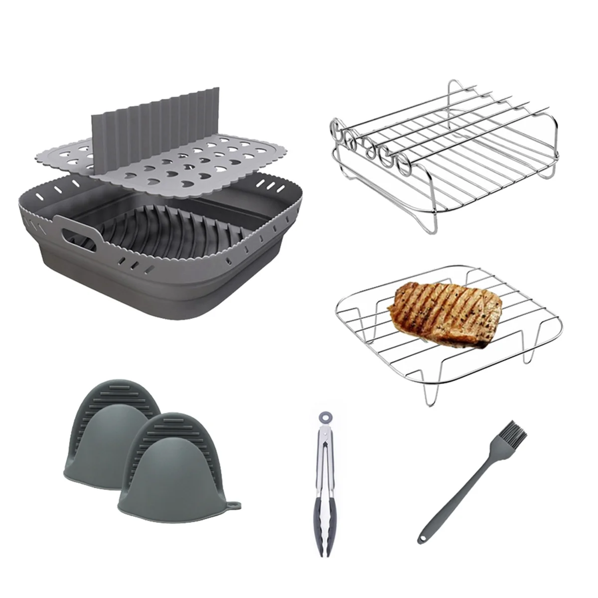 Air Fryer Silicone Shape Basket Tray Set Square Air Fryer Grill Accessories Reusable Air Fryer Mold Gray