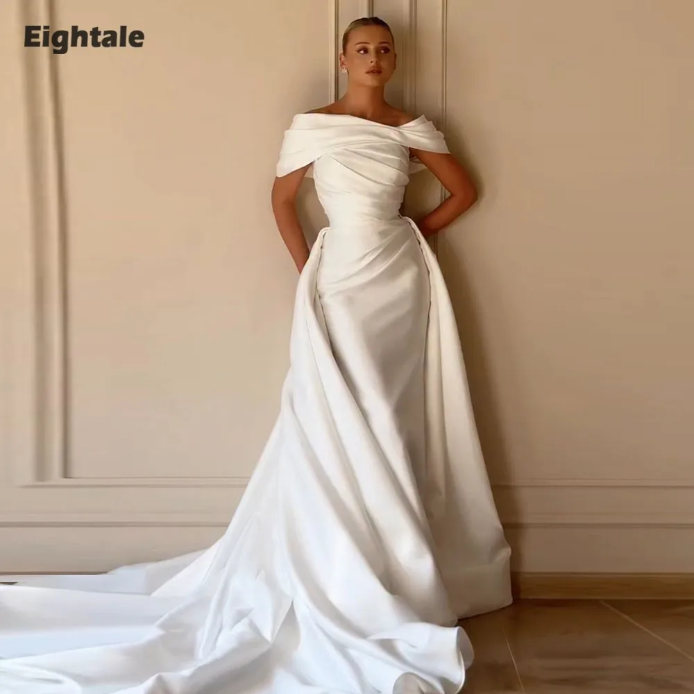 Eightale Arabic Wedding Dress Customized Ivory off Shoulder Bridal Gown Satin Muslim Mermaid Bride Party Dress