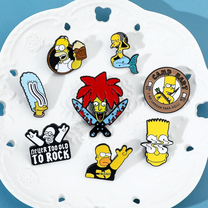 8 Uds. Pin esmaltado de Los Simpson figura de dibujos animados Bart Simpson Homer Jay Simpson insignia de Metal broche chaqueta Jeans solapa Pin joyería juguete