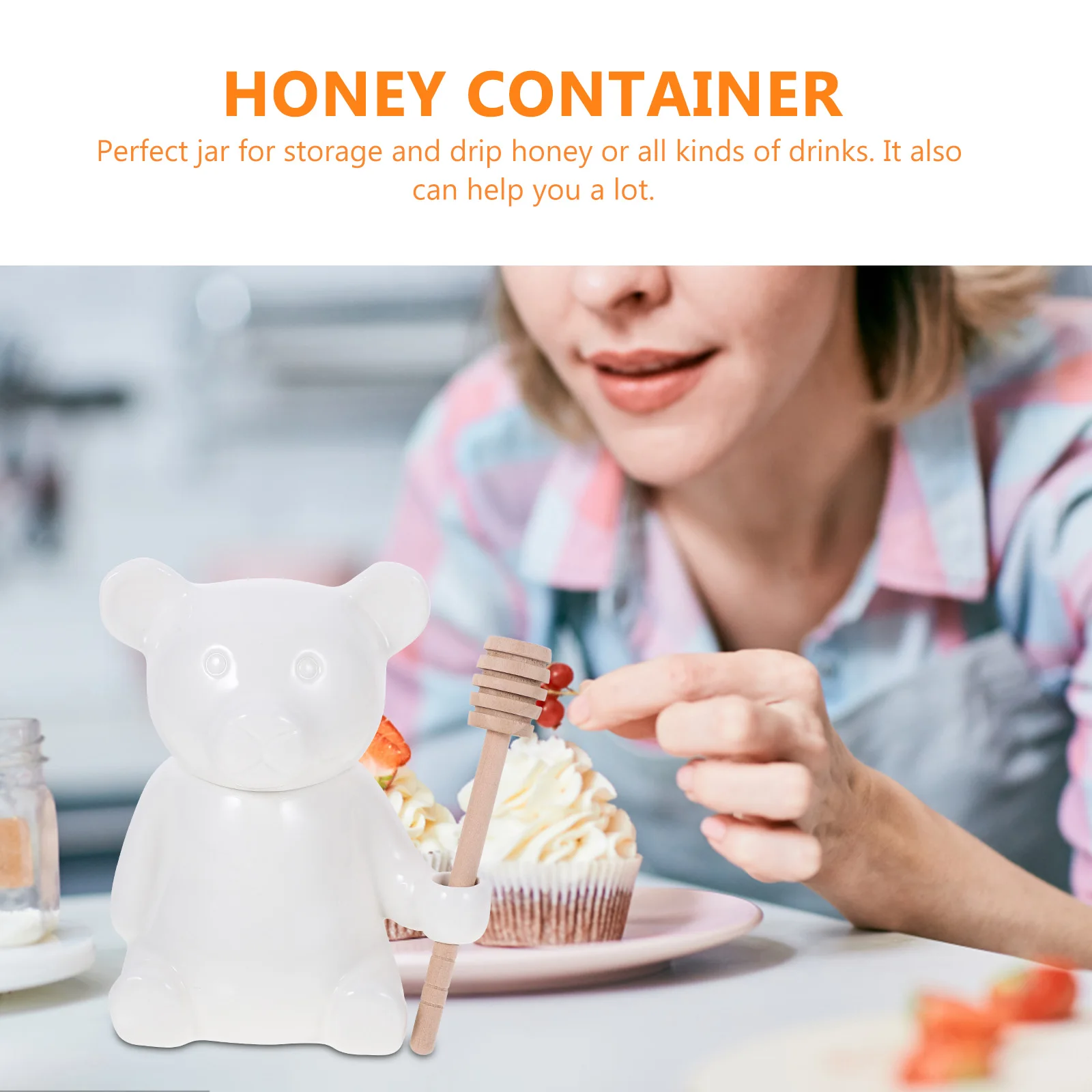 

with Dipper Bear Shape Ceramic Storage Container Dispenser Stirring Rod Kitchen Bar Accessories Honey Pot Syrup Jar