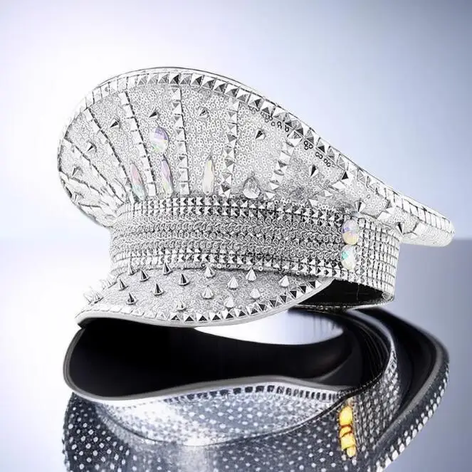 Nightclub DJ Dance Hat Women Big lip Cap Sequin Rhinestone White Stage