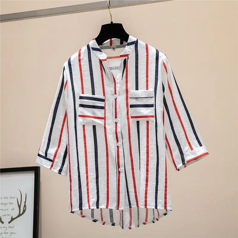 2024 Women\'s New Summer Spliced V-Neck Button Stripe Fashion Casual Loose Quarter Sleeves Vertical Striped Shirt Chiffon Tops