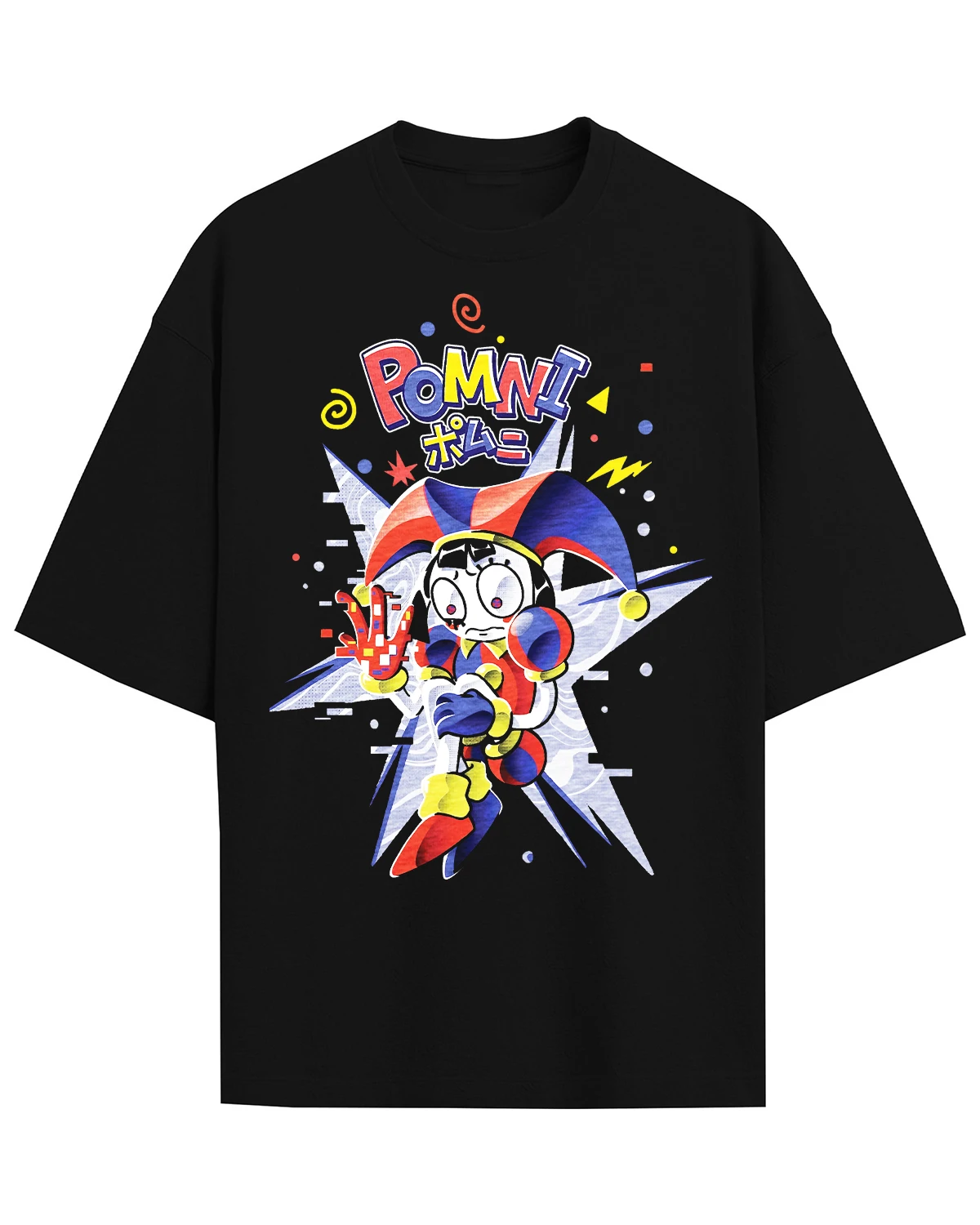 Das fantastische T-Shirt mit dem Motiv von Pomni aus „The Amazing Digital Circus“, ein farbenfroher Print mit dem Pomni-Charakter, ein Cartoon-Design für Fans, Damen, Herren und Kinder, kurzärmeliges T-Shirt. – Detail 7
