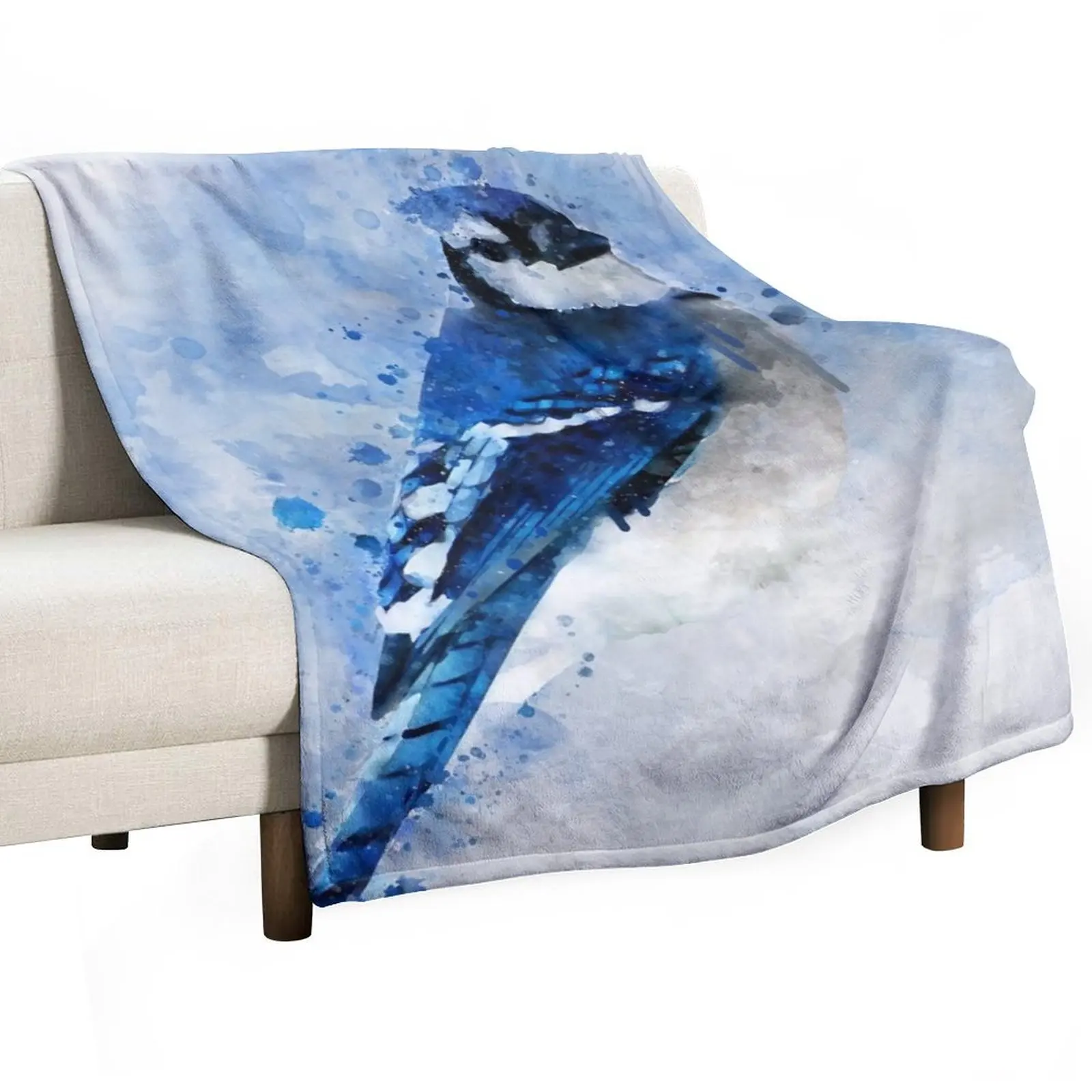 Dramabite Watercolour blue jay bird artistic artsy animal painting Throw Blanket sofa bed Decoratives Tourist Thin Blankets