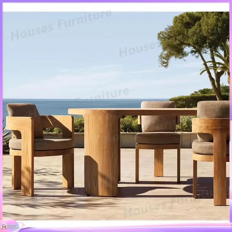 Modern Outdoor Dining Set Blue Green Wood Frame Luxury Terrace Table and Chairs Garden Patio Furniture Waterproof Rattan