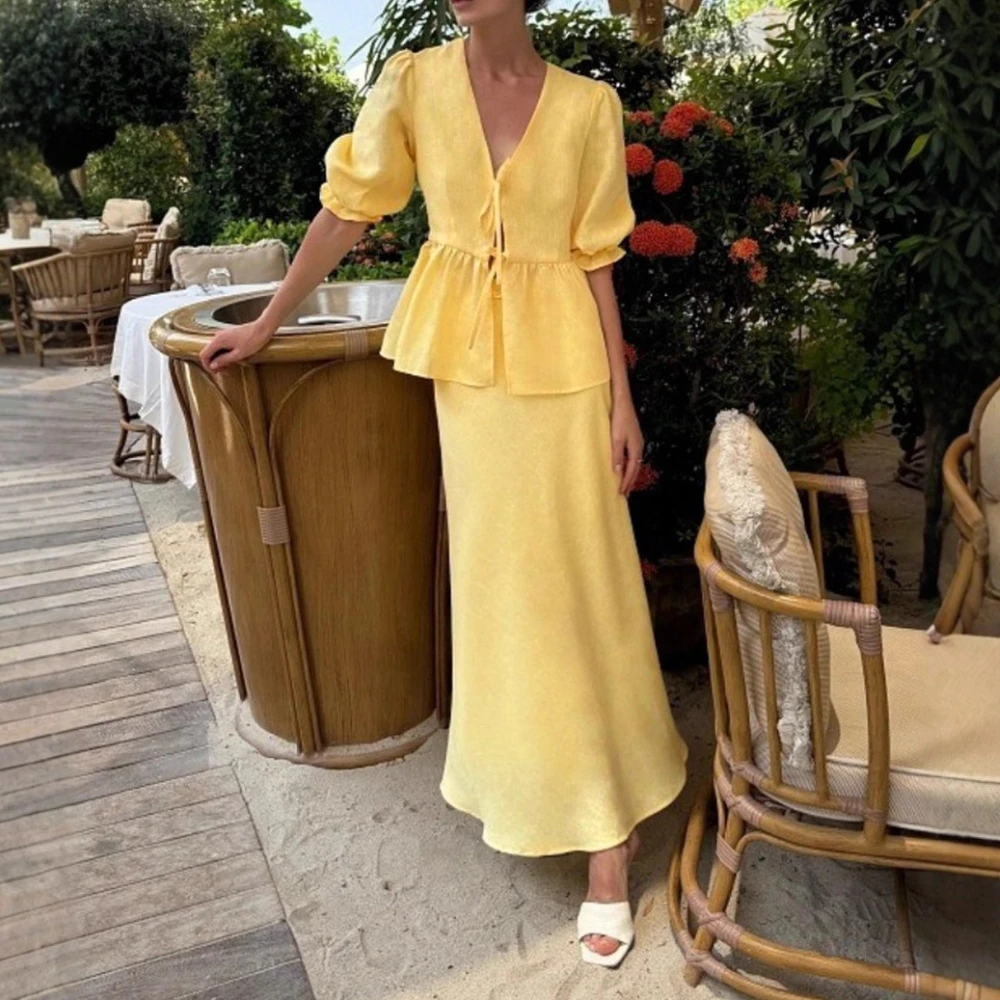 Fashionable Bright Color V-neck Bubble Sleeve Half Length Long Skirt for Women Ruffled Edge Strap Wrapped Hip Slimming Set