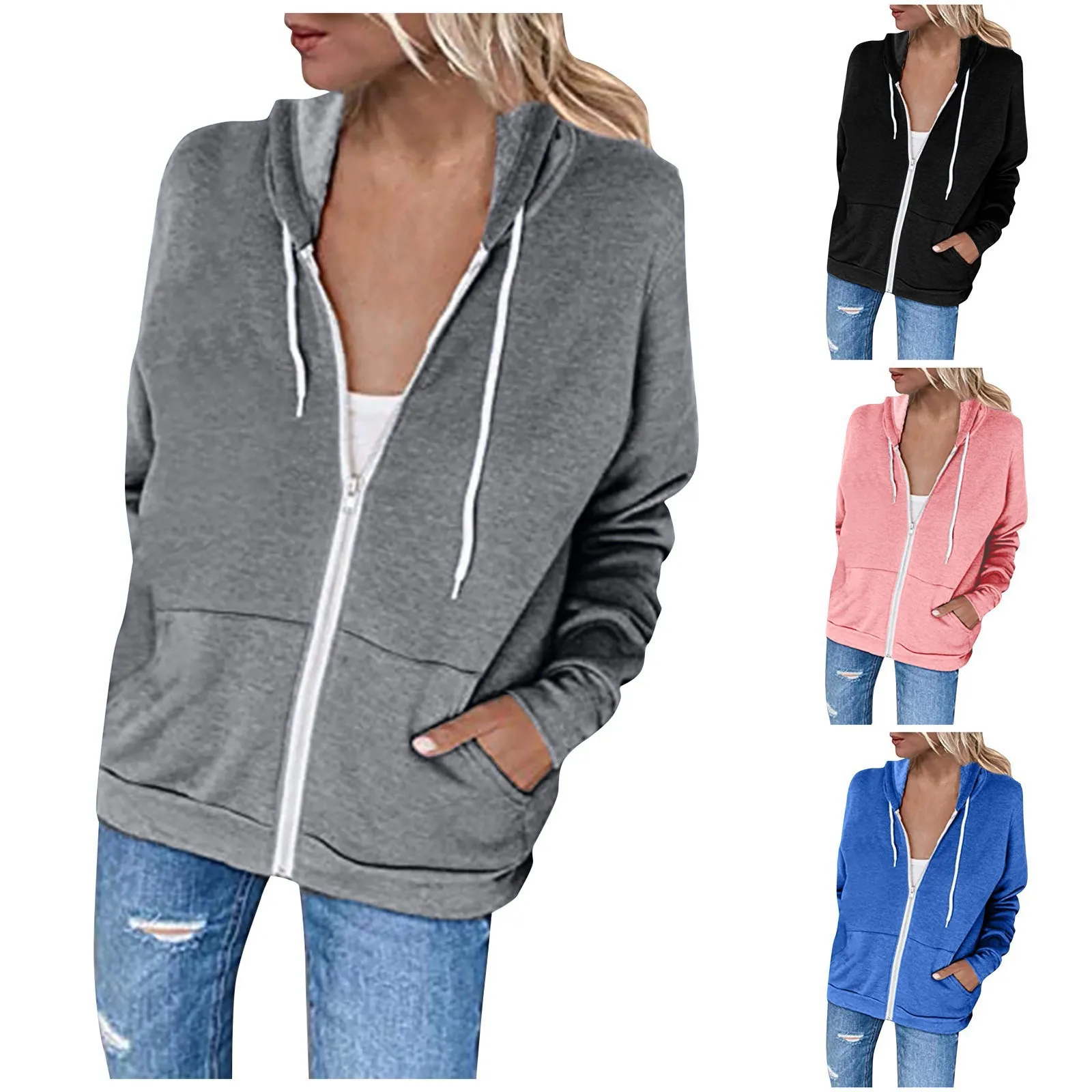 Women\'s Hoodie Fashion Casual Full Zip Hoodie Long Sleeve Hooded Sweatshirt Pocket Jacket Jacket