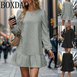 Womens Knitted Long Sleeve Mini Dresses Casual Fashion Patchwork Pleated Sweatshirt Dress 2024 Autumn Winter Solid Short Dresses