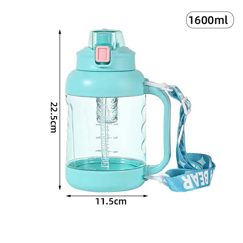 2024 2L Large Capacity Sports Water Bottle Outdoor Fitness Plastic Water Bottle Student Portable Shoulder Strap Handle Water Cup