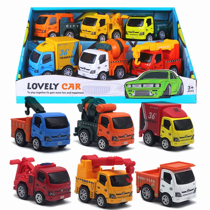 1:60 6pcs Set Alloy Pull back Cartoon Transporter Model Car Doll Machine Toy Car Q Version Diecast Toys for Kids Vehicles Models