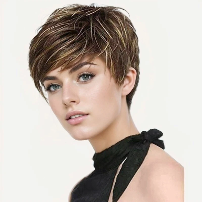 Women's short wig with side bangs, brown-gold color, made of thick high-temperature fiber