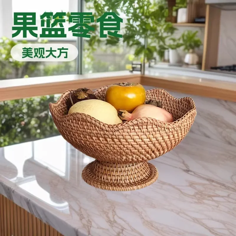 Natural Rattan Fruit Basket Handwoven Storage Box for Snacks Candy Dried Fruits Home Decor Kitchen Organizer Tray Plate