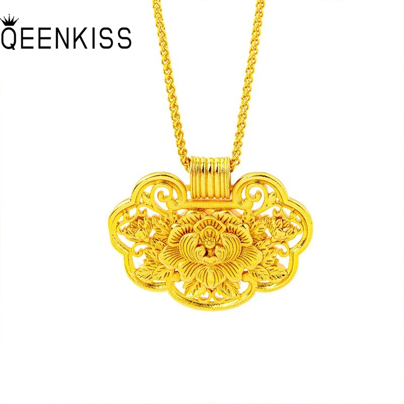 

QEENKISS 24KT Gold Vintage Flower Necklace Pendants For Women Wedding Party Birthday Christmas Bride Mother Girl Gifts PT5223