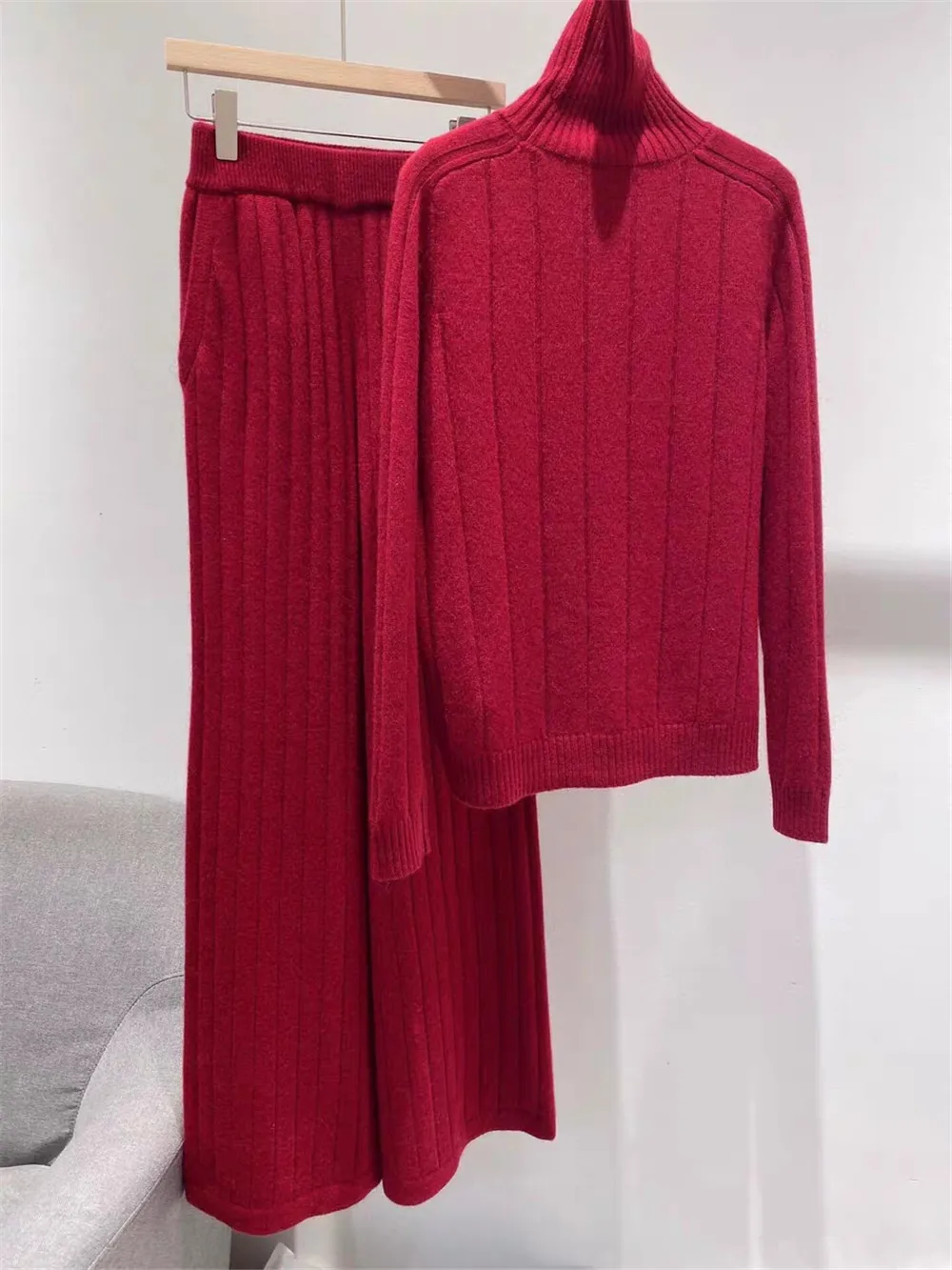 Women New 100% Cashmere Knit Set Turtleneck Sweater And Elasticated Waist Wide Leg Pants Two Piece Sef