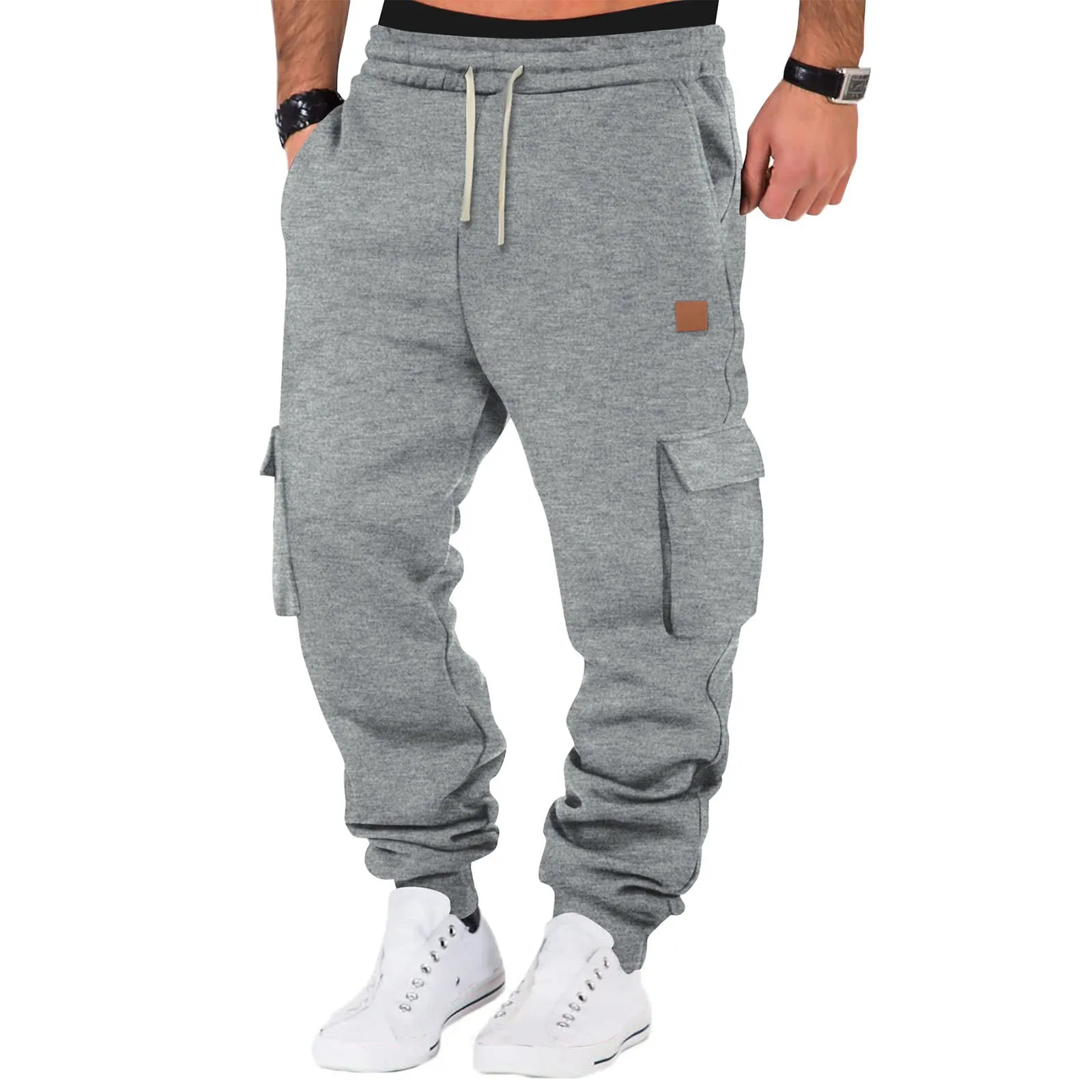 Autumn And Winter New Men Plus Thin Fleece Bunched Feet Tooling Casual Side Pocket Sports Fashion Straight Plus Size Pants