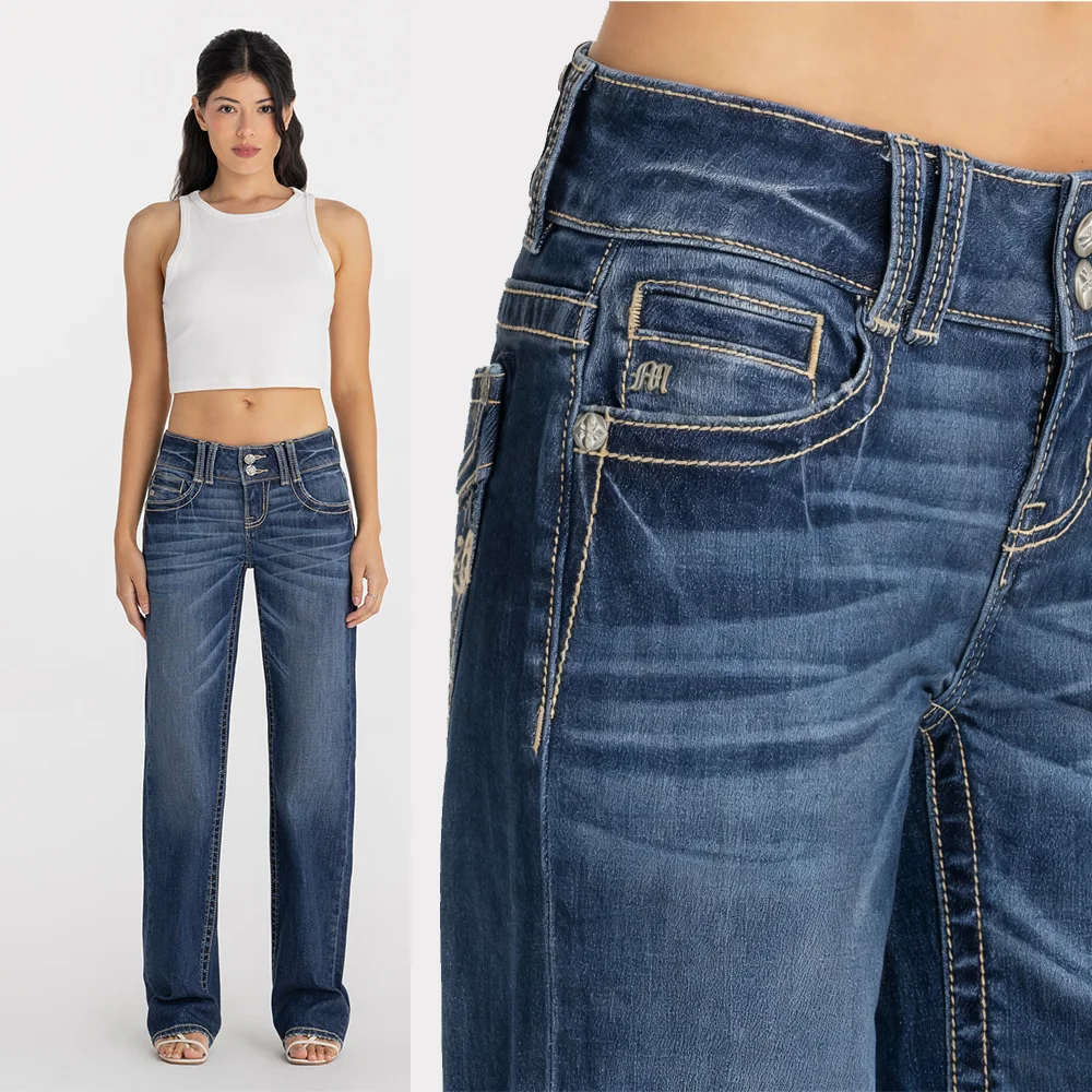 

Girls' American Retro Jeans, High-Waisted Slim-Fit Pants, Washed Blue Hot Girl Style Pocket Jeans, Low-Waisted Wide Waistband Slimming Straight-Leg Floor-Length Pants