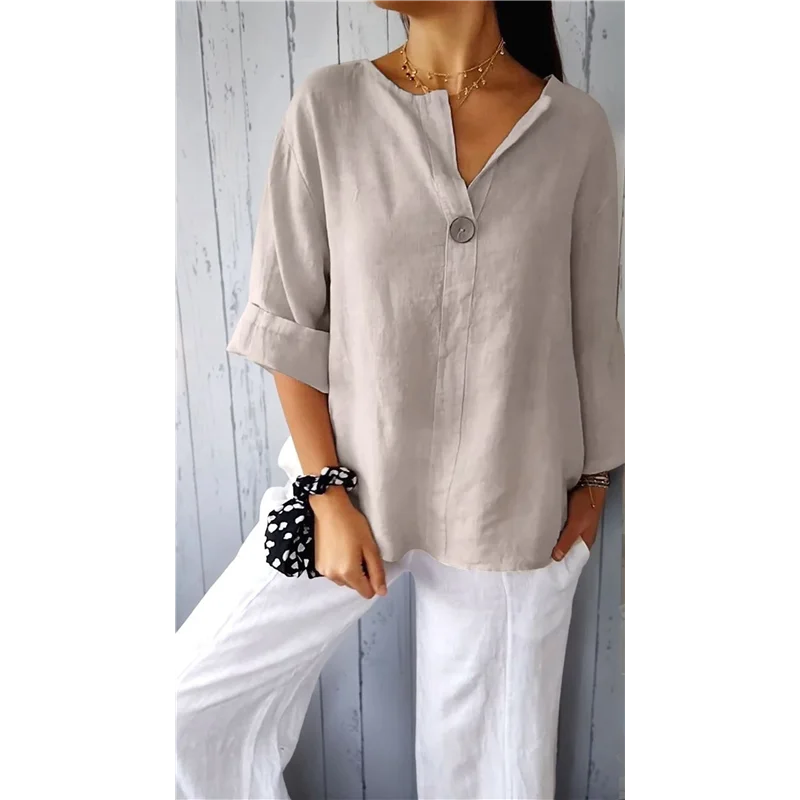 

【SEE】Women's Linen Shirt Button Down V Neck Solid Blouse 3/4 Sleeves Casual Loose Fit Tunic Tops Summer T Shirts