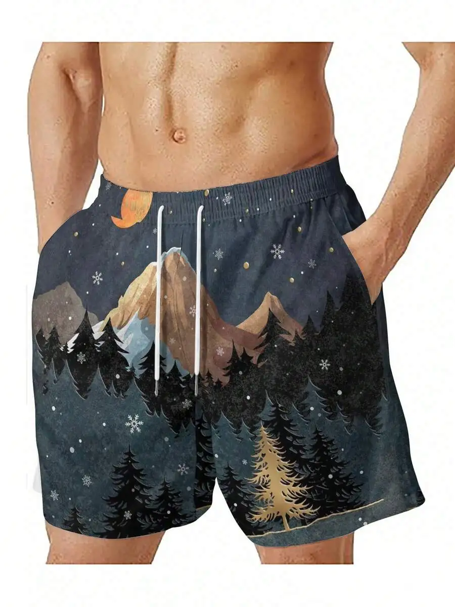 

Mens Quick-Dry Beach Shorts Featuring Nighttime Mountain Forest Scene With Snowflakes On Dark Gray Background