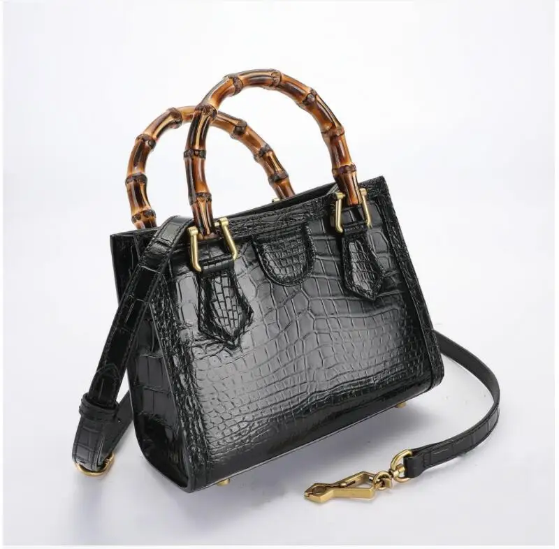 2023 new genuine crocodile skin leather lady women small size shoulder cross body bag black color bamboo handle