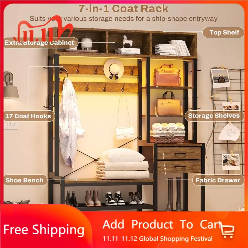 

Прихожая тумба-скамья с местом для обуви, 7-в-1, с вешалкой для одежды, 3 отсеками для хранения, 3 открытыми полками, 17 крючками для одежды