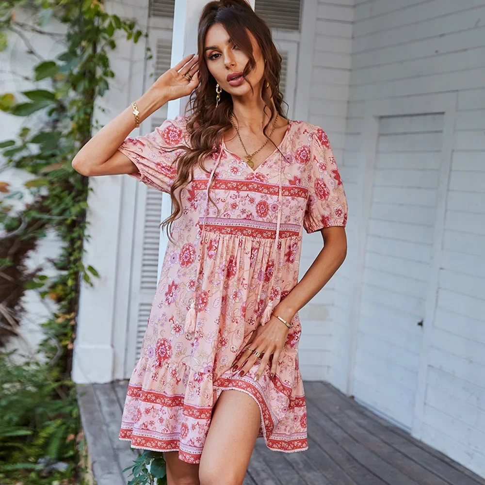 Elegant Summer V-neck Holiday Beach Dresses Spring V-neck Printed Dress for Women Short Sleeve Boho Mini Dress Party Vestidos