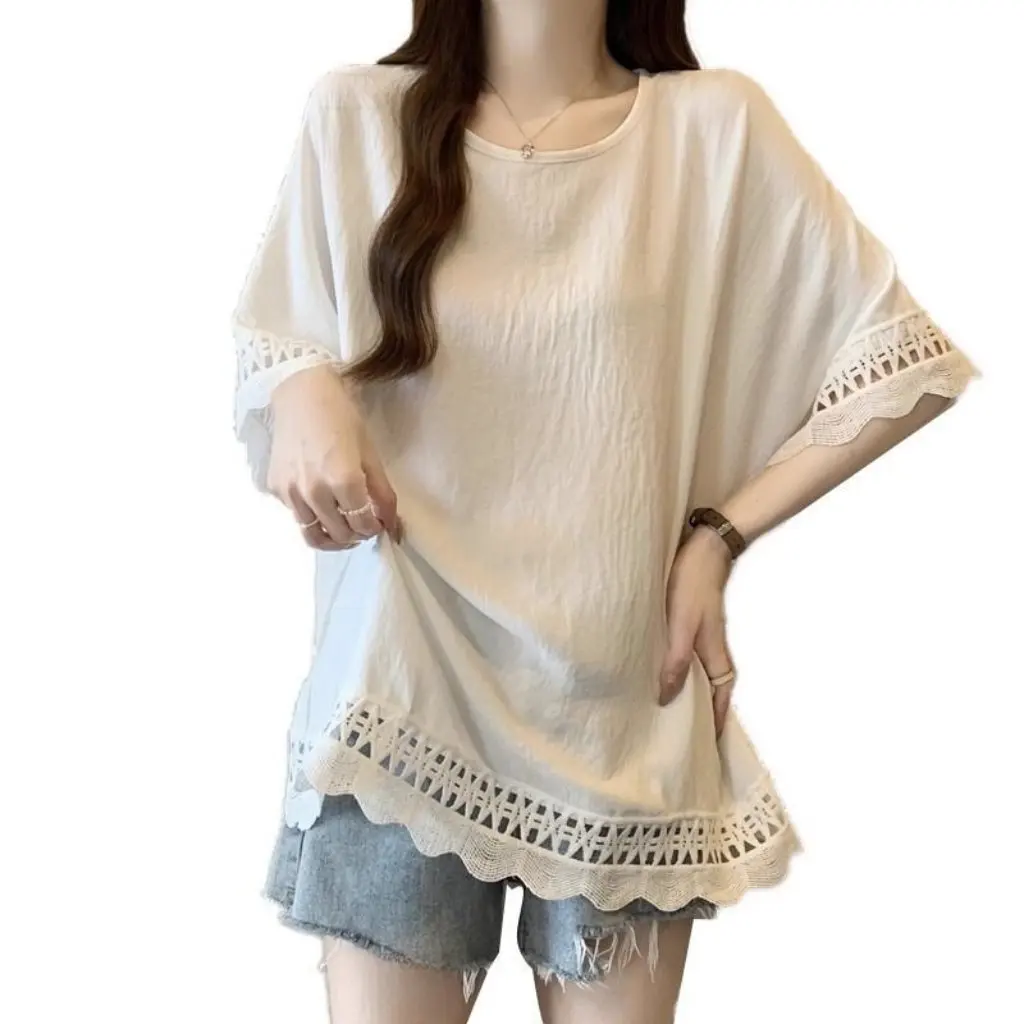 

plus Size Loose Casual Lace Hollow Style Top All-match Summer New Lazy Style Women's T-shirt
