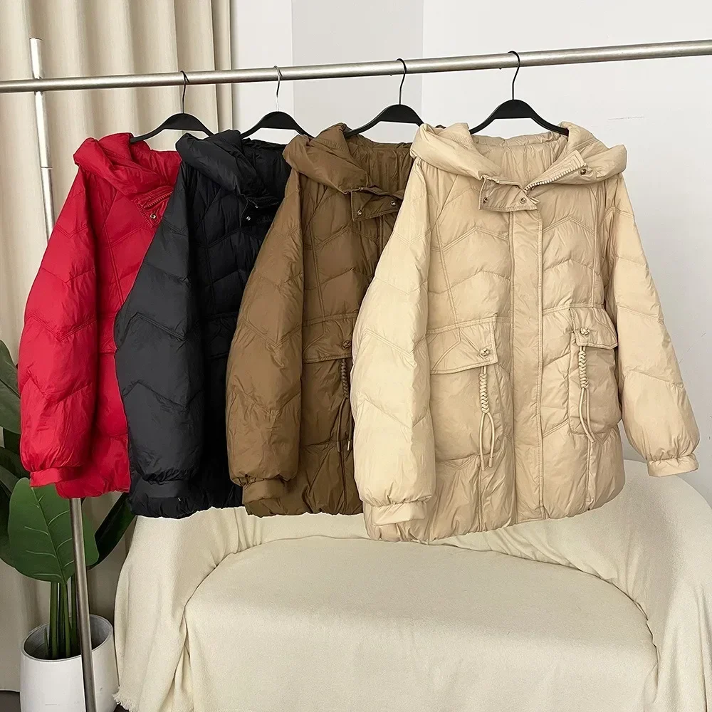 Herbst Winter koreanischen Stil lose lässige mittellange Kapuzen Daunen jacke verdickt warmen Frauen Mantel 50 weiße Enten Daunen jacke