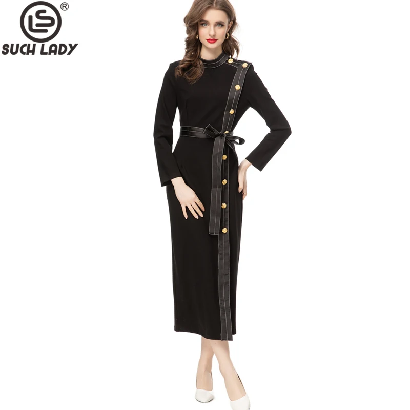 

Women's Runway Dresses Stand Collar Long Sleeves Buttons Detailing Lace Up Belt High Street Elegant Designer Mid Vestidos