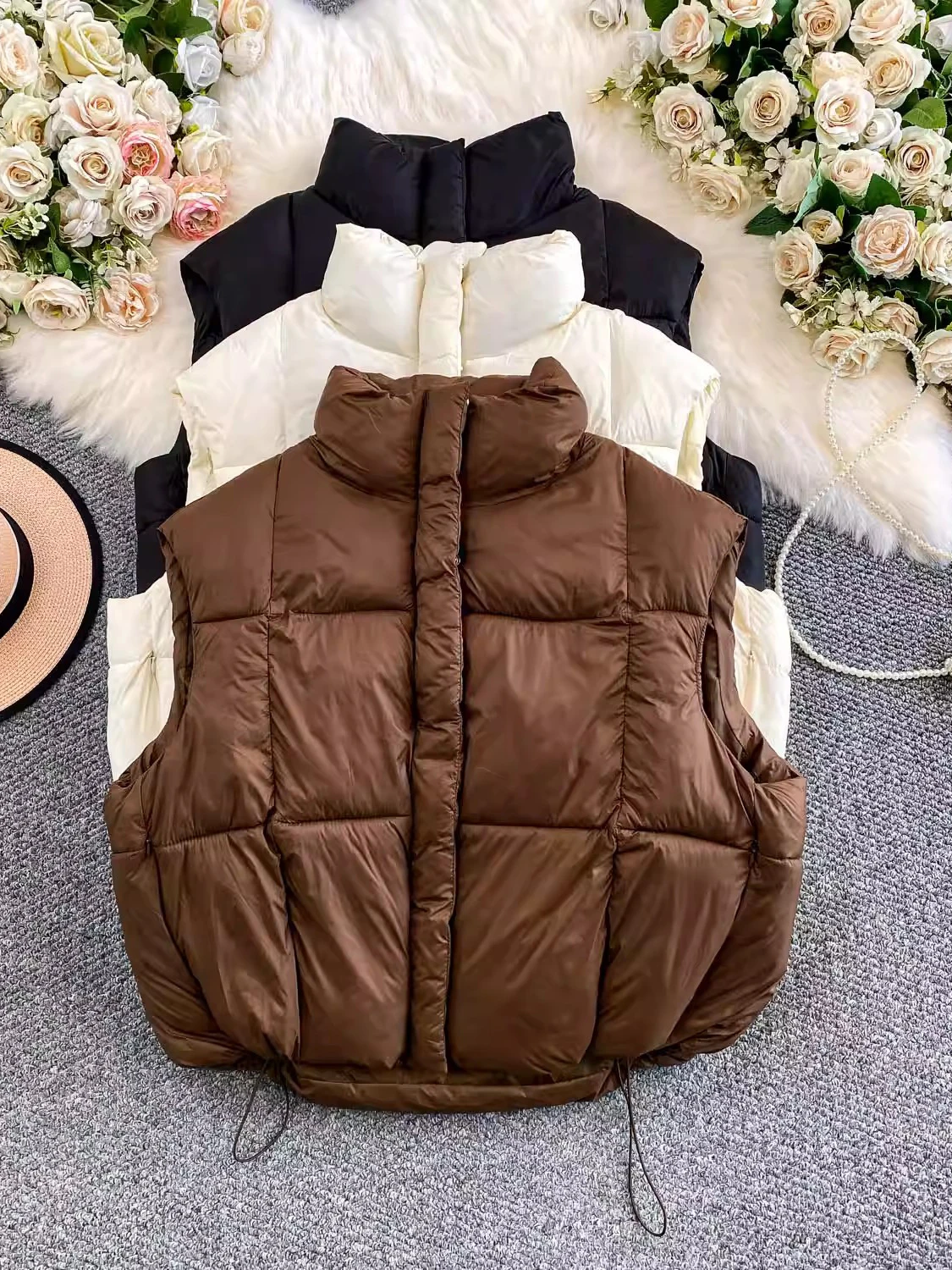 

Caramel Thiened Warm Plaid Cotton down Jaet Vest Women's Loose Slimming Winter Outerwear Zipper Closure ey Du down Fi...