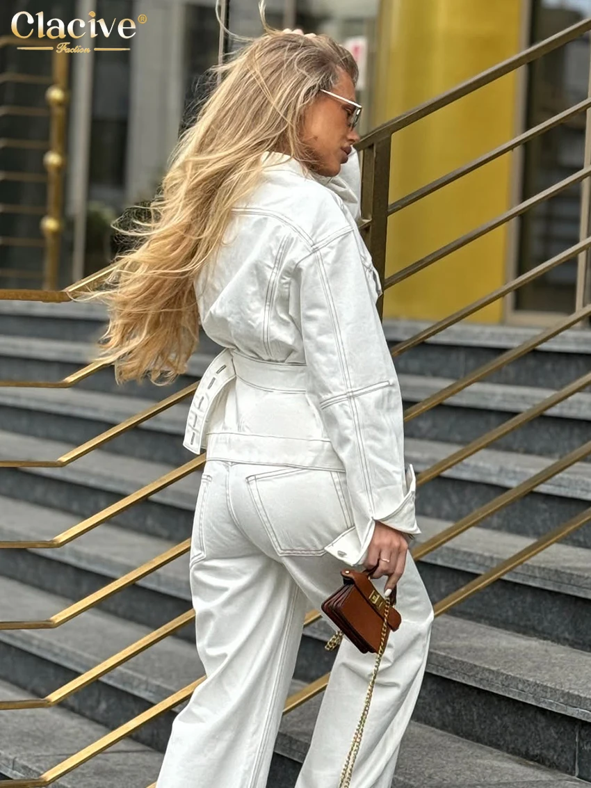 Clacive Fashion Loose White Woman 2 Piece Set Outfit 2026 Elegant Long Sleeve Shirt With High Waist Wide Pants Set Streetwear