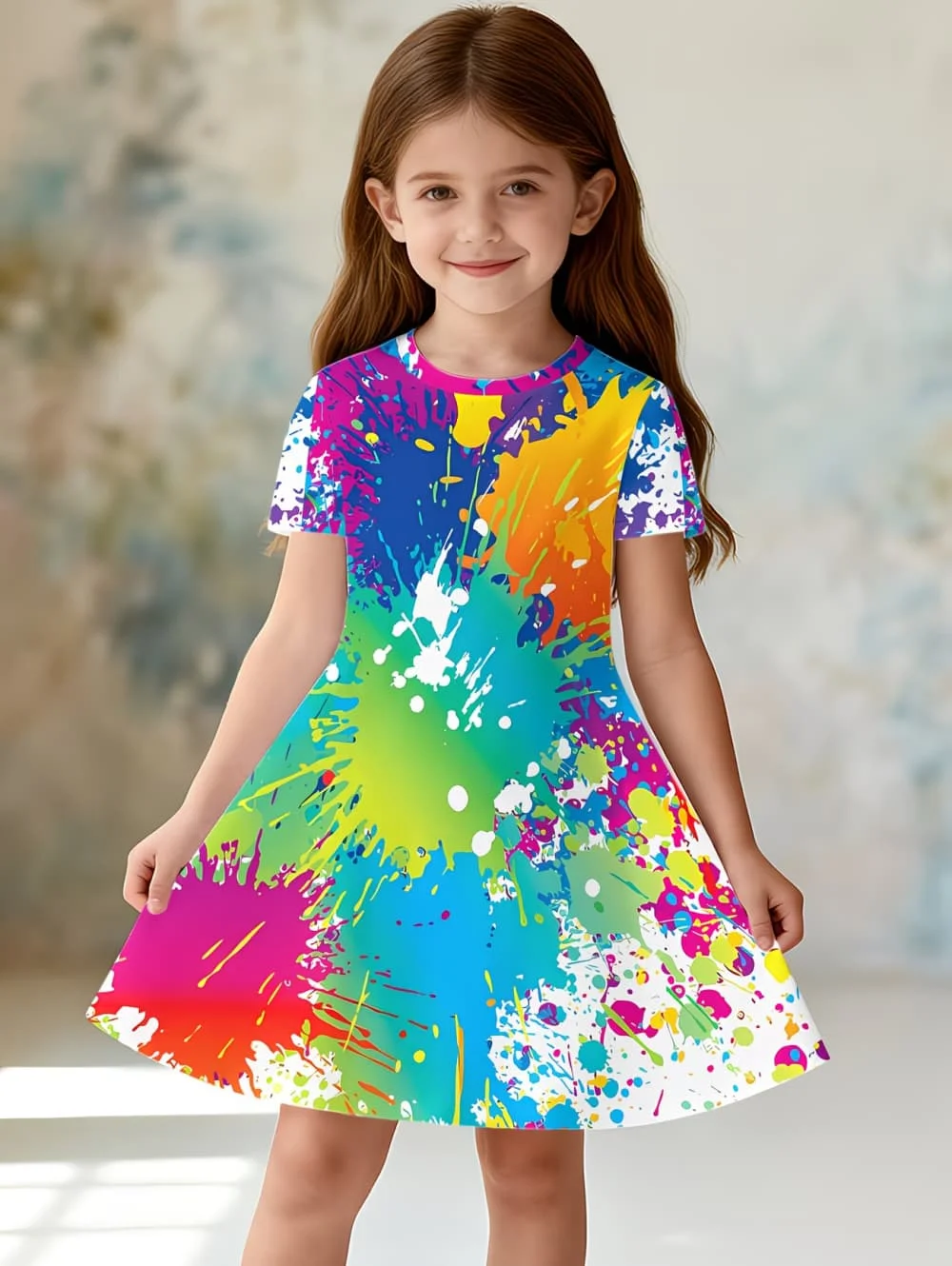 Dress for Girls Tie-Dye Multicolor Graffiti 3D Print Round Neck Colorful Dress Casual Summer Short Sleeve Tops Y2k Girl Clothes